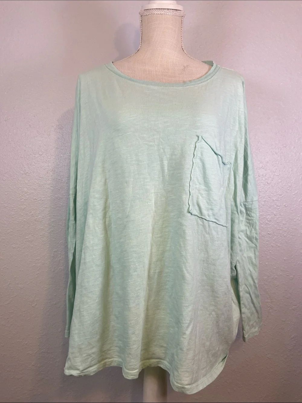 Johnny Was Pale Green Knit Neckline Oversized Baggy Preppy Boho Top Size Small
